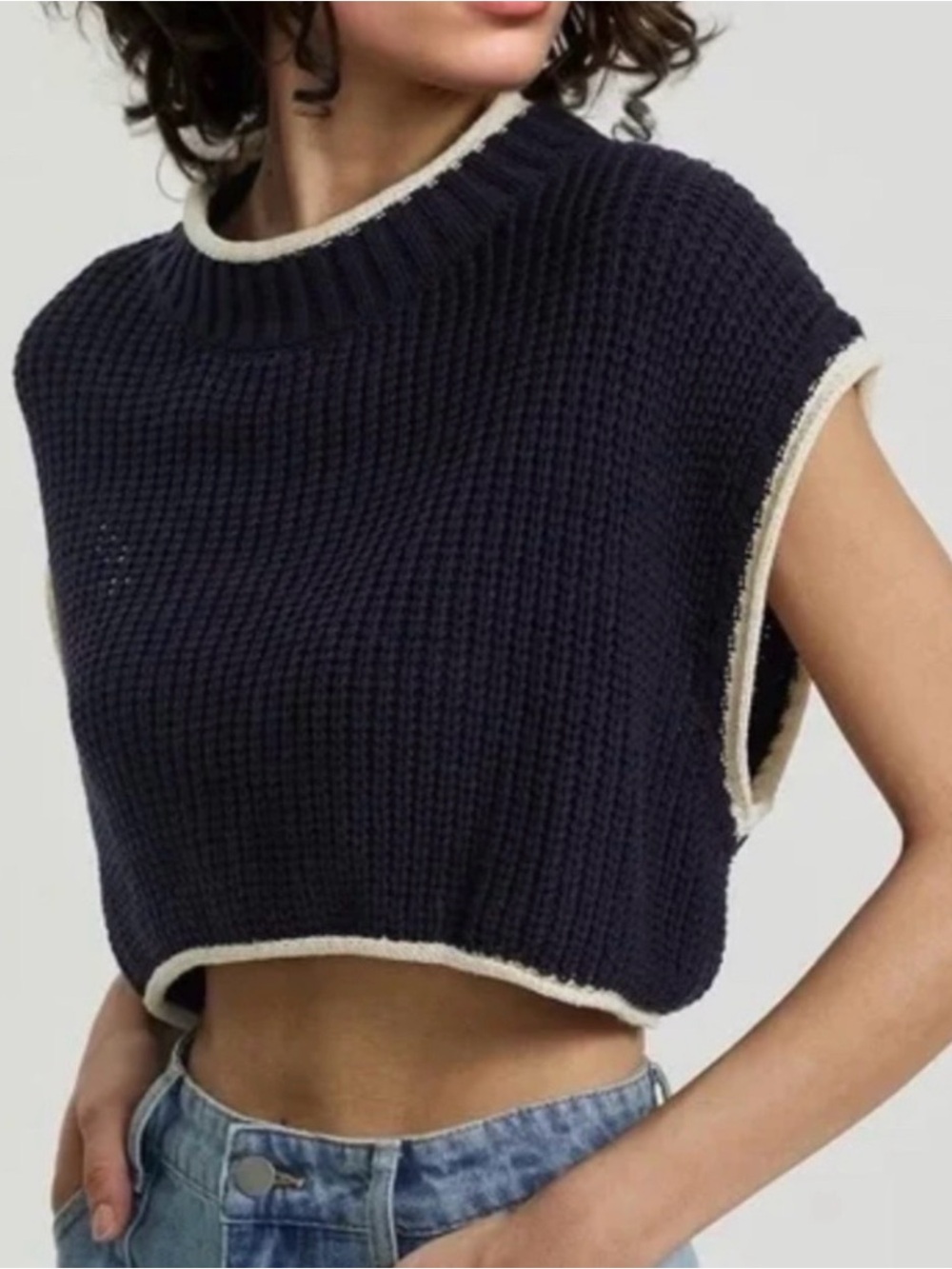 Zara Cropped Navy Knit Sleeveless Sweater with Cream Trim